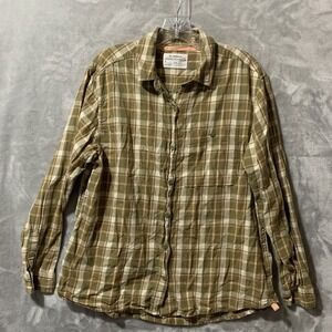 REI Cooperative Women's Large Plaid Button Down Shirt Long Sleeve Cotton Green